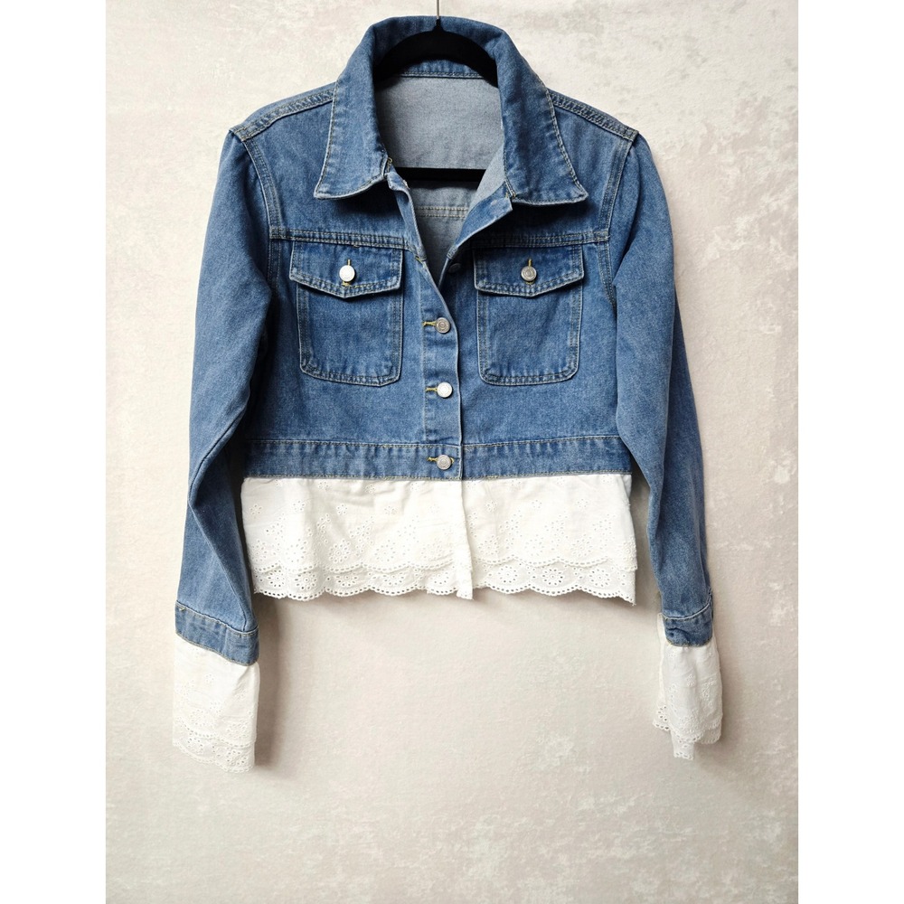 Cropped Denim Jacket S Eyelet Lace Trim Boho Cottagecore Festival Jean Jacket